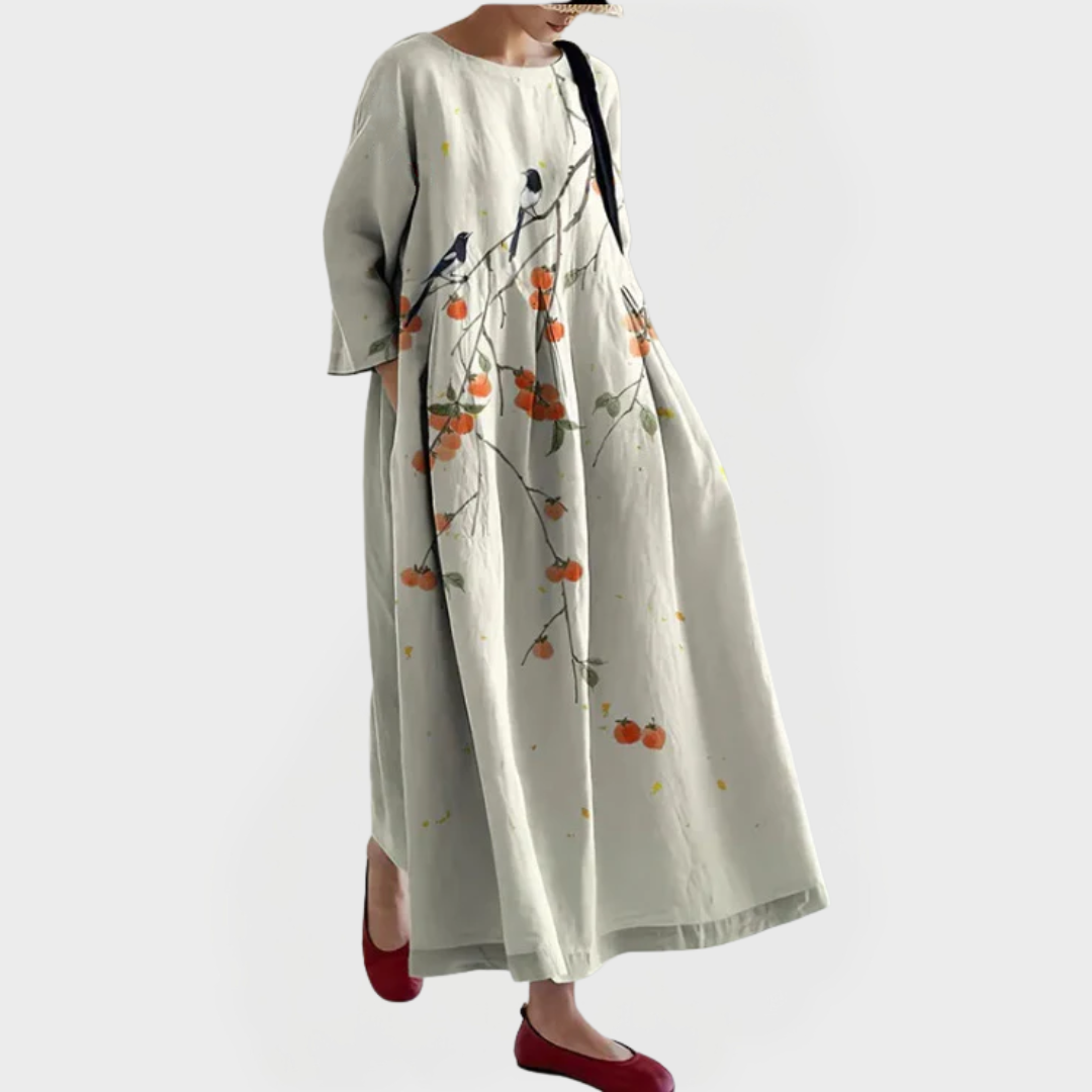 Elegantiška Maxi Suknelė iš Lino su Išsiuvinėta Gėlių Nėriniu