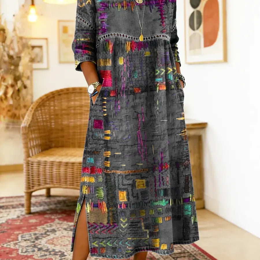 Vilma™ | Džinso Suknelė su Etniniu Patchwork Raštu