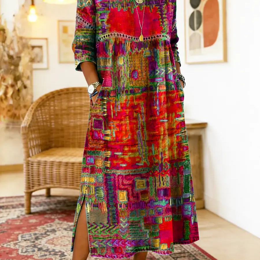 Vilma™ | Džinso Suknelė su Etniniu Patchwork Raštu