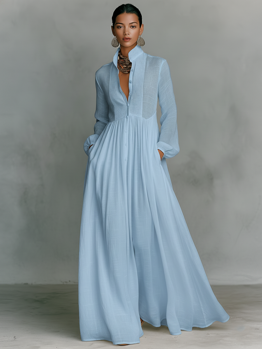 Rozalija | Lininė patchwork maxi suknelė su stovima apykakle
