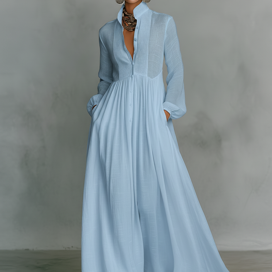 Rozalija | Lininė patchwork maxi suknelė su stovima apykakle