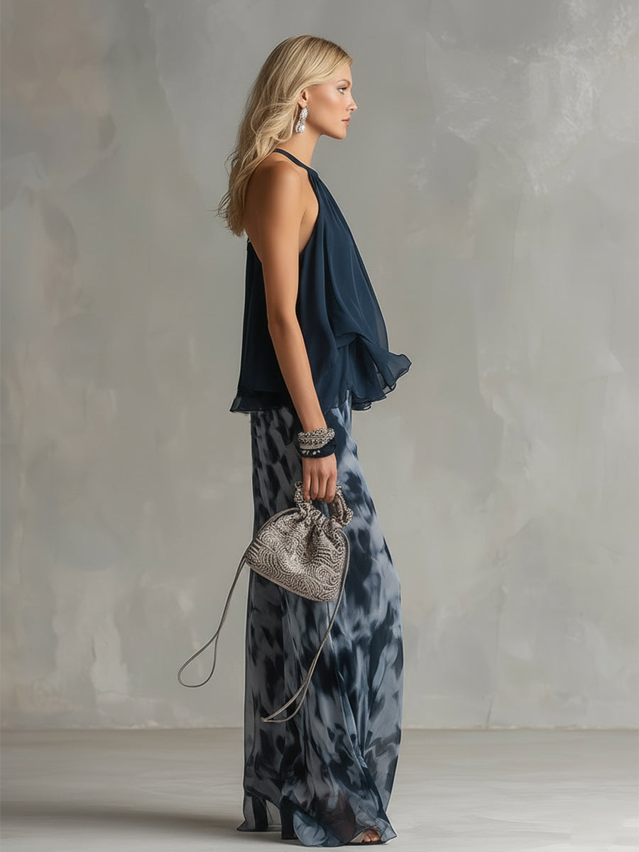 Ingrida™ | Elegantiškas komplektas su halter topu ir plačiomis kelnėmis