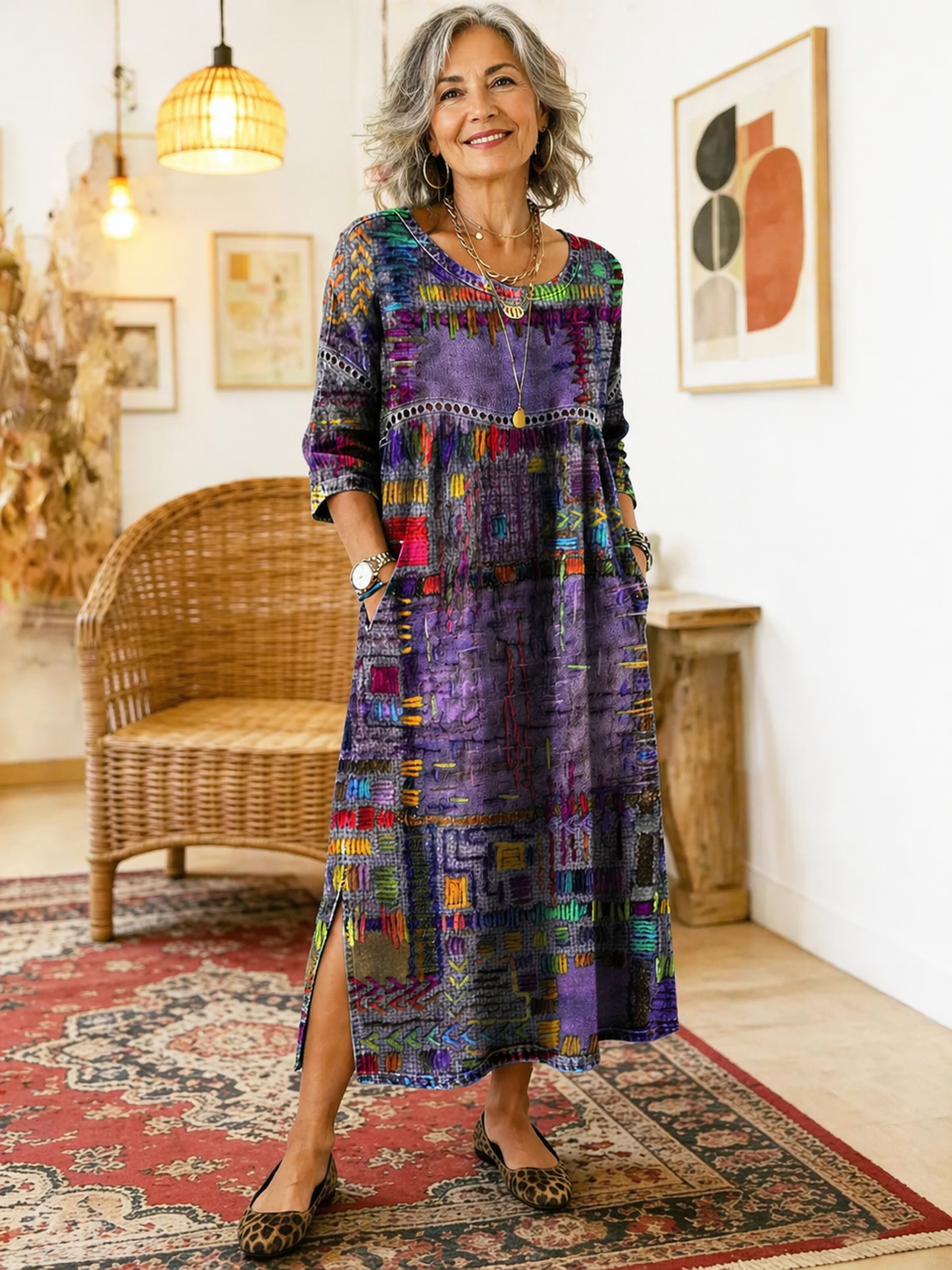 Vilma™ | Džinso Suknelė su Etniniu Patchwork Raštu