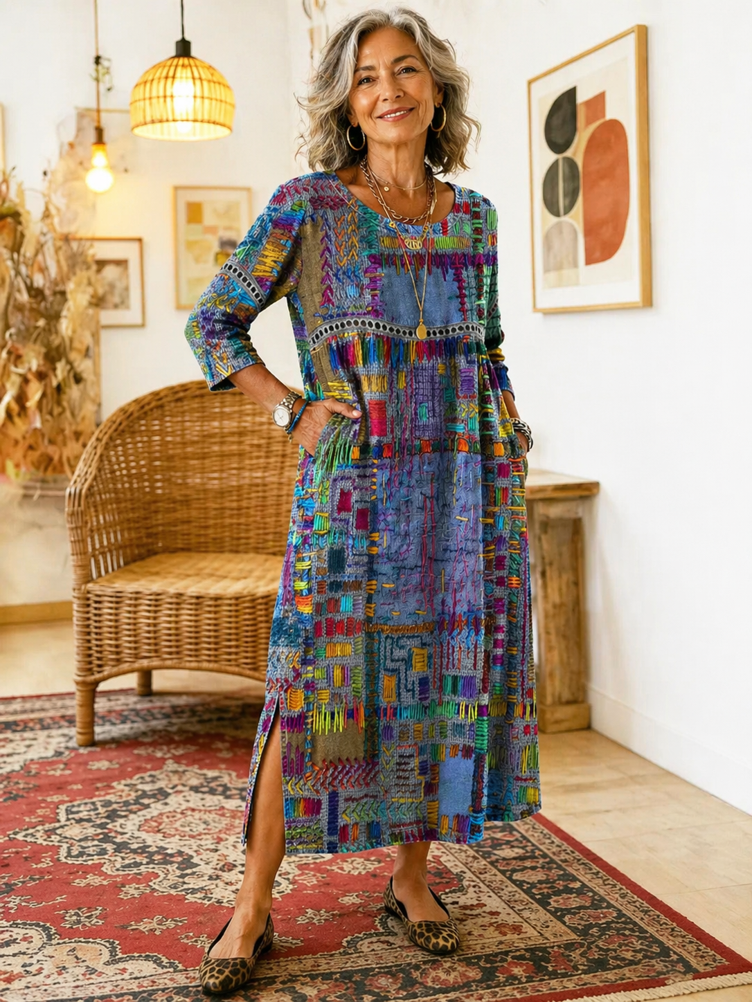 Vilma™ | Džinso Suknelė su Etniniu Patchwork Raštu