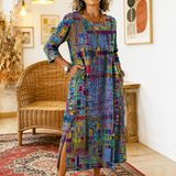 Vilma™ | Džinso Suknelė su Etniniu Patchwork Raštu