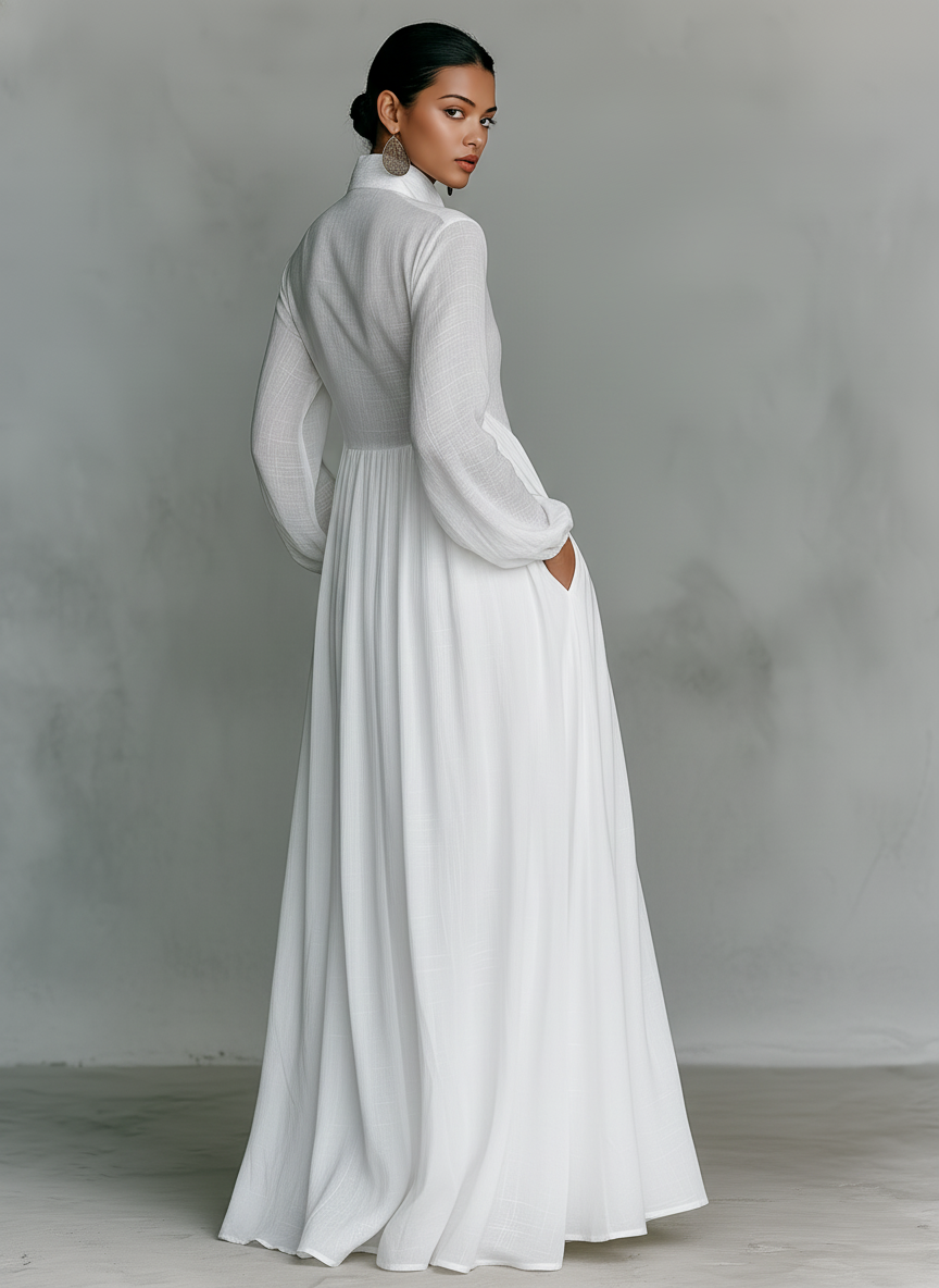 Rozalija | Lininė patchwork maxi suknelė su stovima apykakle