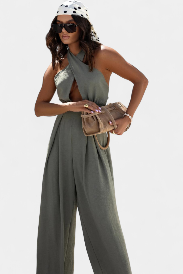 Jessica Mono Halter Kryžminis Be Nugaros ir Plačiomis Kelnėmis
