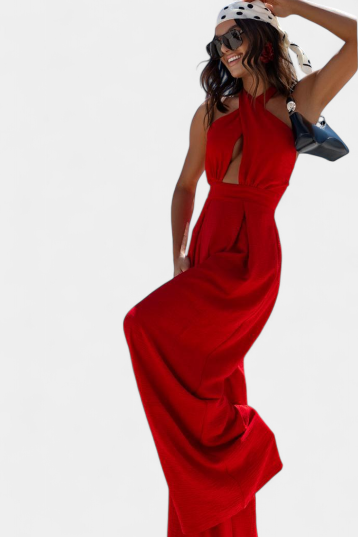 Jessica Mono Halter Kryžminis Be Nugaros ir Plačiomis Kelnėmis