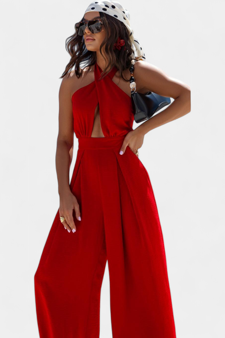 Jessica Mono Halter Kryžminis Be Nugaros ir Plačiomis Kelnėmis