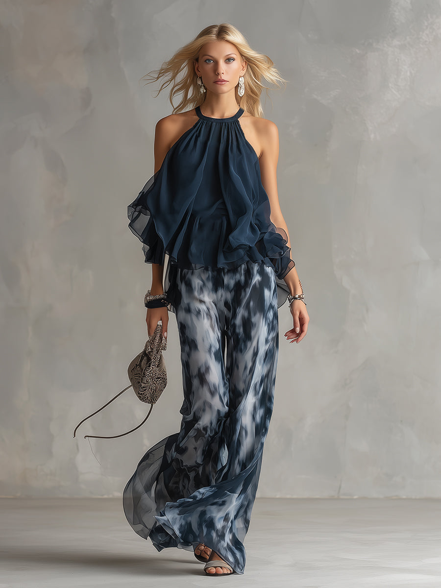Ingrida™ | Elegantiškas komplektas su halter topu ir plačiomis kelnėmis