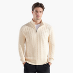 Smėlio spalvos pintas megztinis su pusiau užtrauktuku – dėvima