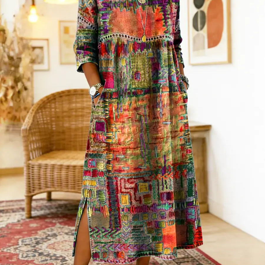 Vilma™ | Džinso Suknelė su Etniniu Patchwork Raštu
