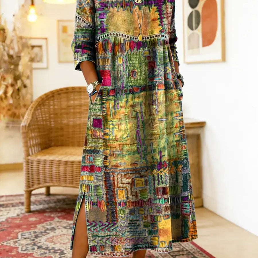 Vilma™ | Džinso Suknelė su Etniniu Patchwork Raštu