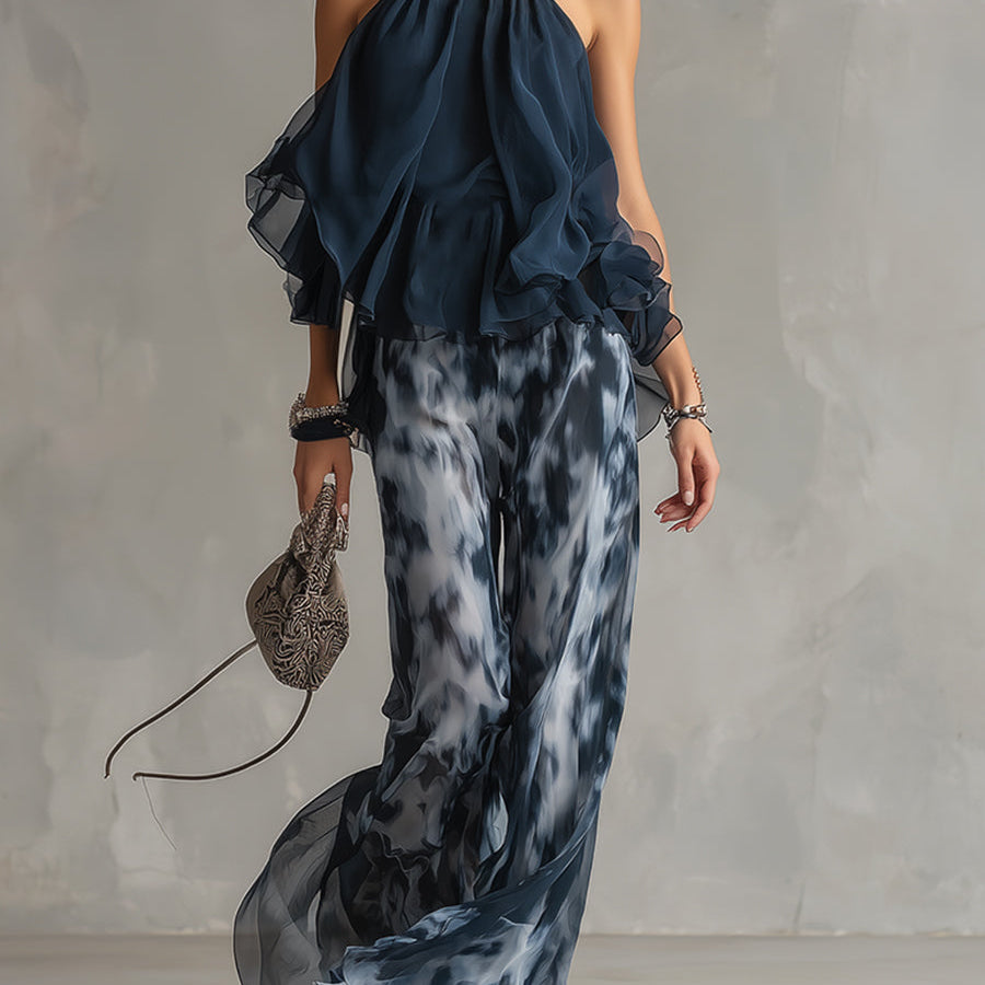 Ingrida™ | Elegantiškas komplektas su halter topu ir plačiomis kelnėmis
