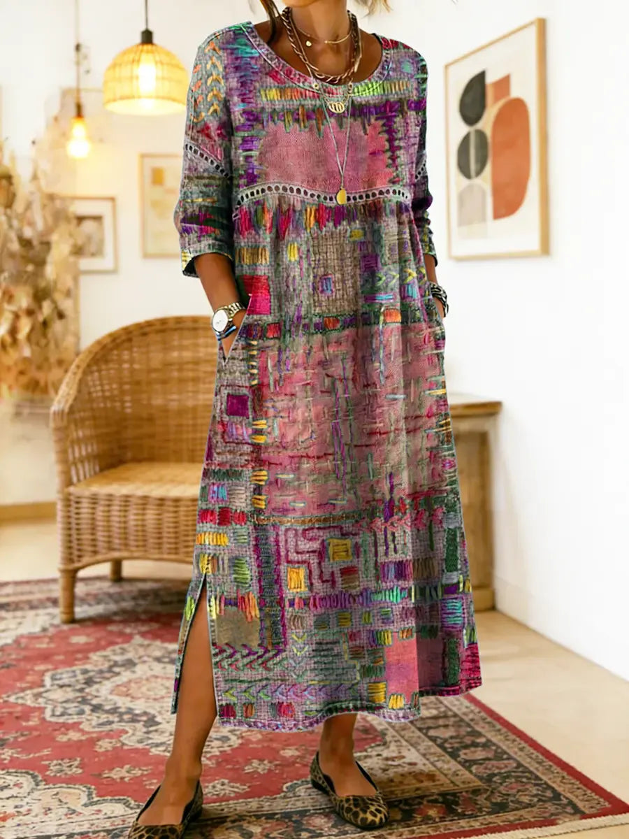 Vilma™ | Džinso Suknelė su Etniniu Patchwork Raštu