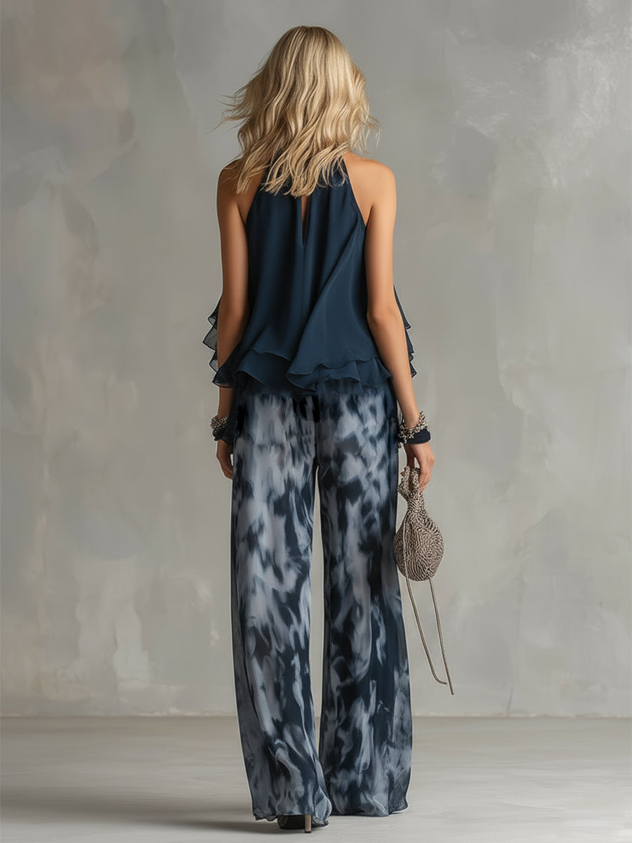 Ingrida™ | Elegantiškas komplektas su halter topu ir plačiomis kelnėmis