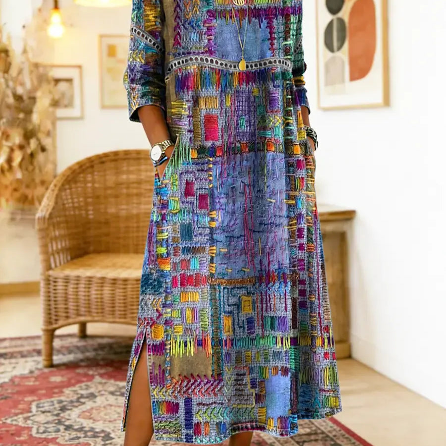 Vilma™ | Džinso Suknelė su Etniniu Patchwork Raštu