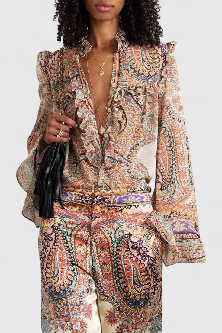 Finely Komplektas arba Volanų Blūzė ir Vintage Paisley Raštas