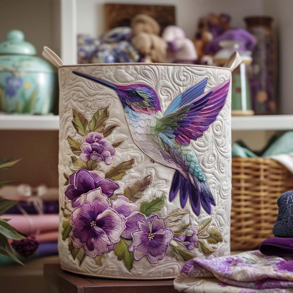 Kolibris ir alyvinės gėlės | Dygsniuotas skalbinių krepšys