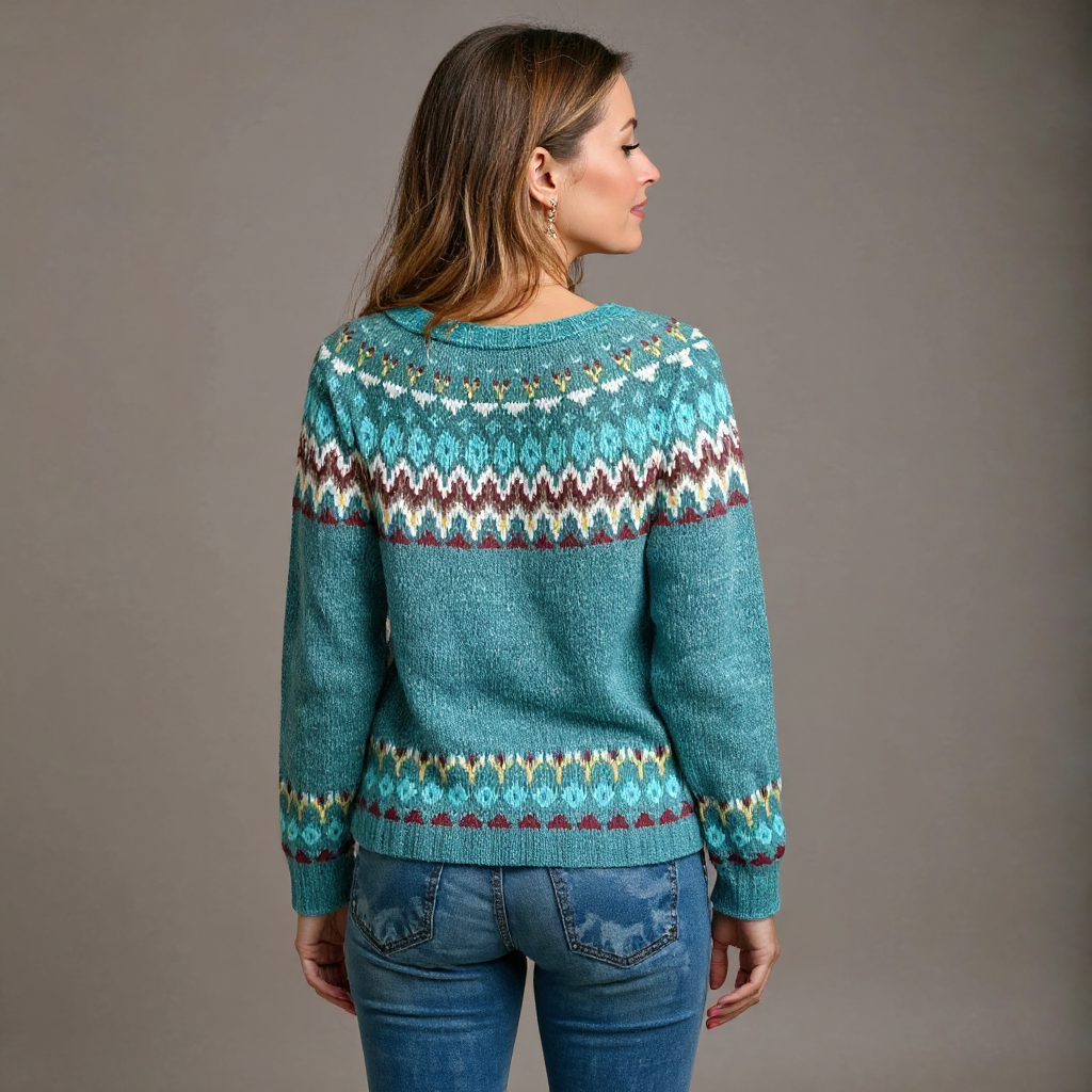 Šarūna™ | Vintažinis turkio spalvos megztinis su žakardo juostelėmis